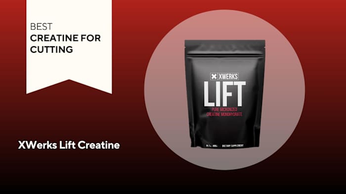 A black bag of XWerks Lift Creatine against a red background.